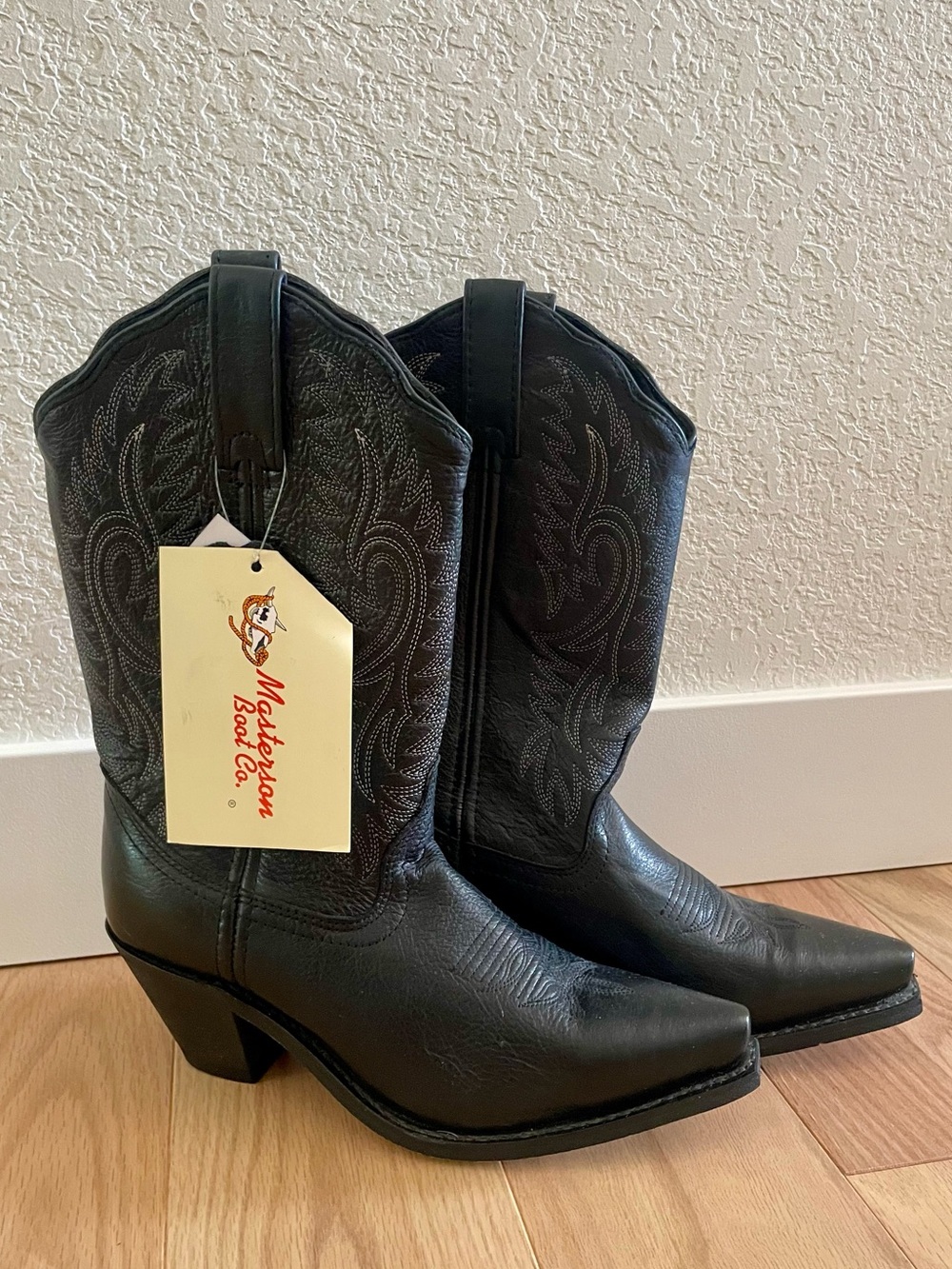 NWT Masterson Boot Co Black Leather Embroidered Western Cowboy Boots 7.5 - Picture 2 of 9
